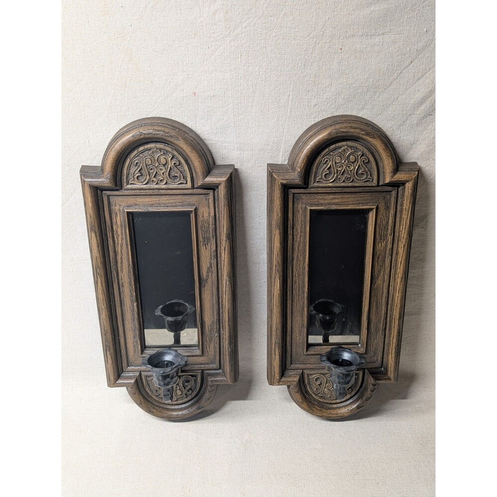 Vtg MCM Wood Wall Sconce Candle Holders Mirror Set Pair Homco Syroco Style 18"